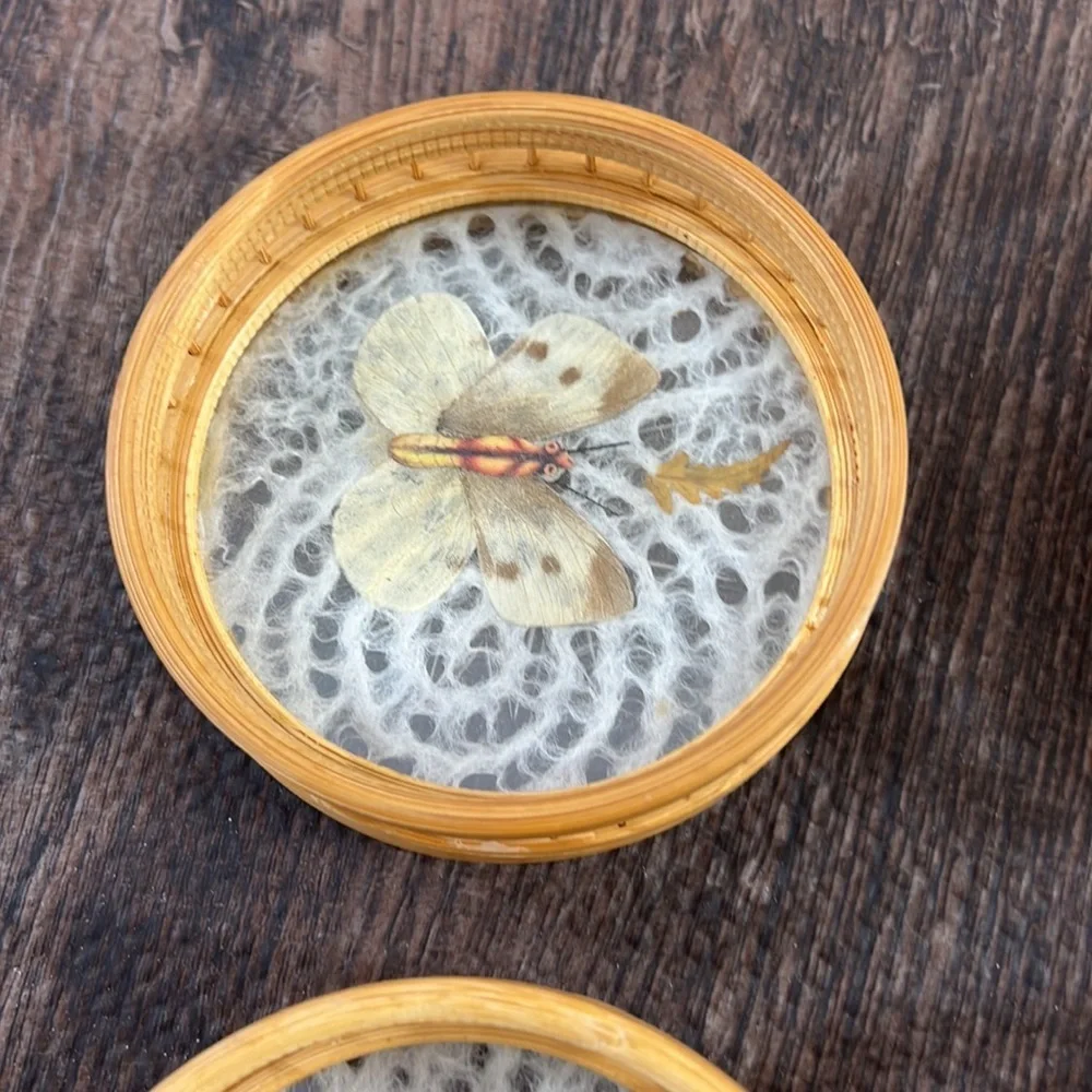 Vintage Bamboo Wicker Woven Coasters Butterfly Design Set of 6 Boho‎ Tiki Bar